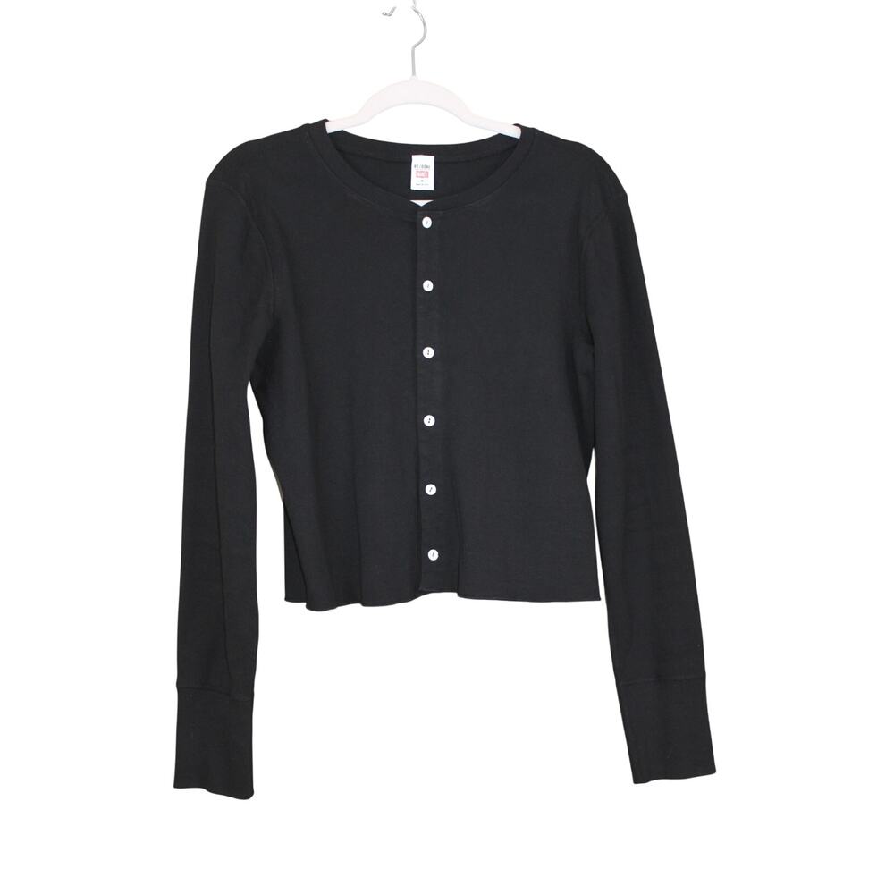 Re/Done Hanes Black Knit Long Sleeve Medium Weight Button Up Sweater Top Size M